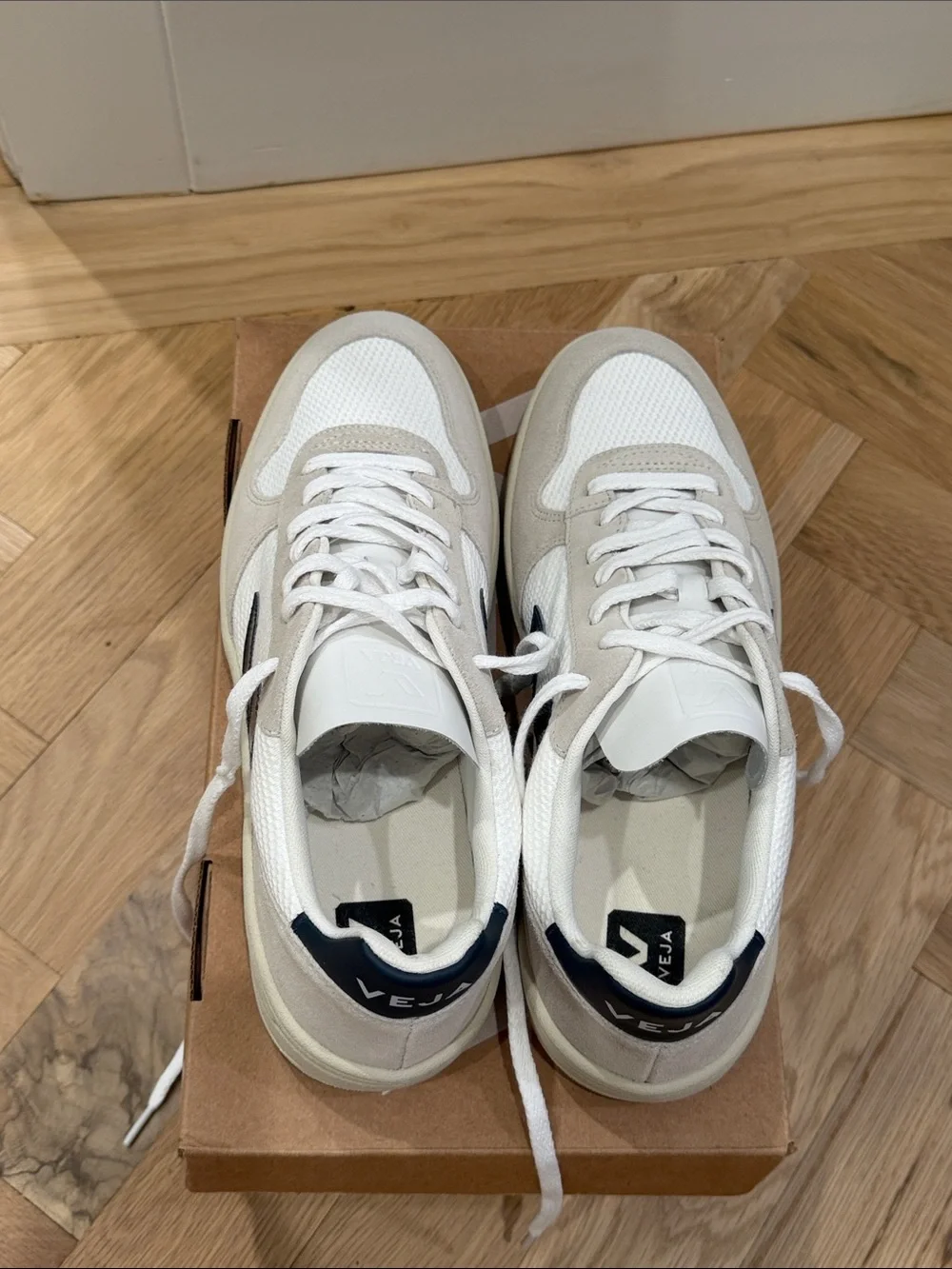 Veja Men's White and Beige Sneakers with Navy V Logo